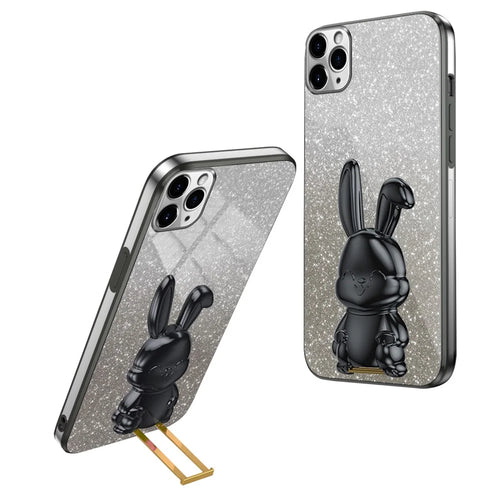 For iPhone 11 Pro Pull-out Kickstand Cartoon Rabbit Protective Case Phone Cover - Black - 1