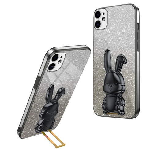 For iPhone 11 Pull-out Kickstand Cartoon Rabbit Case Smart Phone Protector Cover - Black - 1