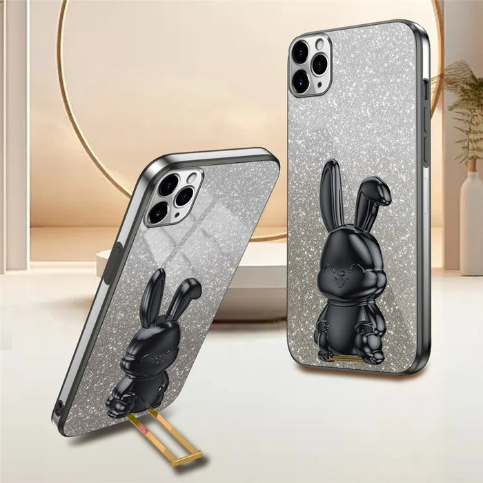 For iPhone 11 Pro Max Cartoon Rabbit Case Pull-out Kickstand Smart Phone Cover - Black - 2