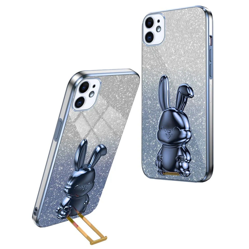 For iPhone 12 mini Glitter Powder Case Pull-out Kickstand Smart Phone Cover - Blue - 1
