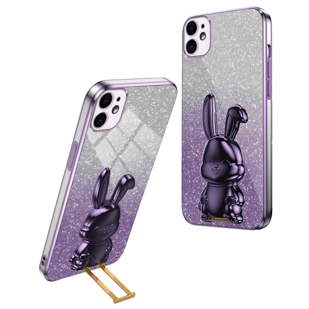 For iPhone 12 Electroplating Rabbit Case Pull-out Kickstand Smart Phone Cover - Purple - 1