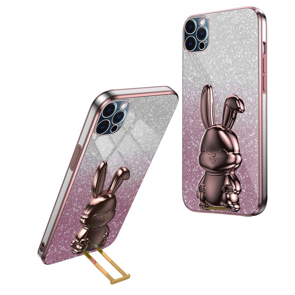 For iPhone 12 Pro Electroplating Rabbit Drop-proof Case Pull-out Kickstand Phone Cover - Pink - 1