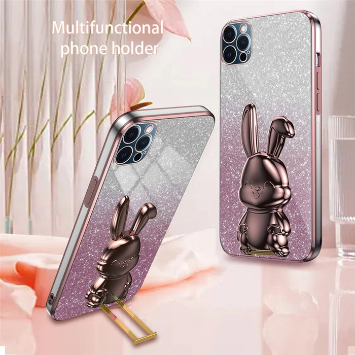 For iPhone 12 Pro Electroplating Rabbit Drop-proof Case Pull-out Kickstand Phone Cover - Pink - 2