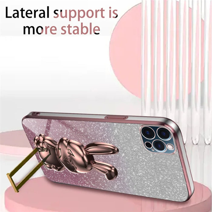 For iPhone 12 Pro Electroplating Rabbit Drop-proof Case Pull-out Kickstand Phone Cover - Pink - 4