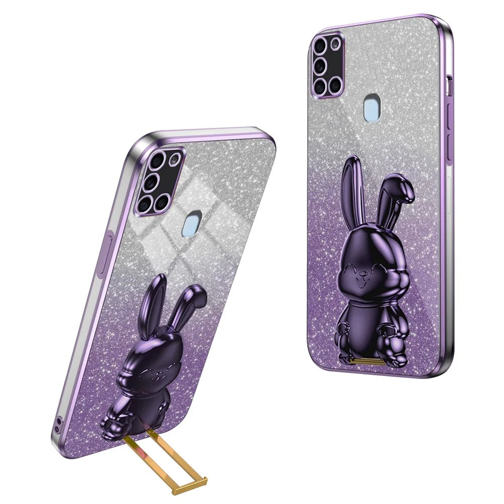 Phone Cover for Samsung Galaxy A21s , Lovely Rabbit Pull-out Kickstand Back Shell - Purple - 1