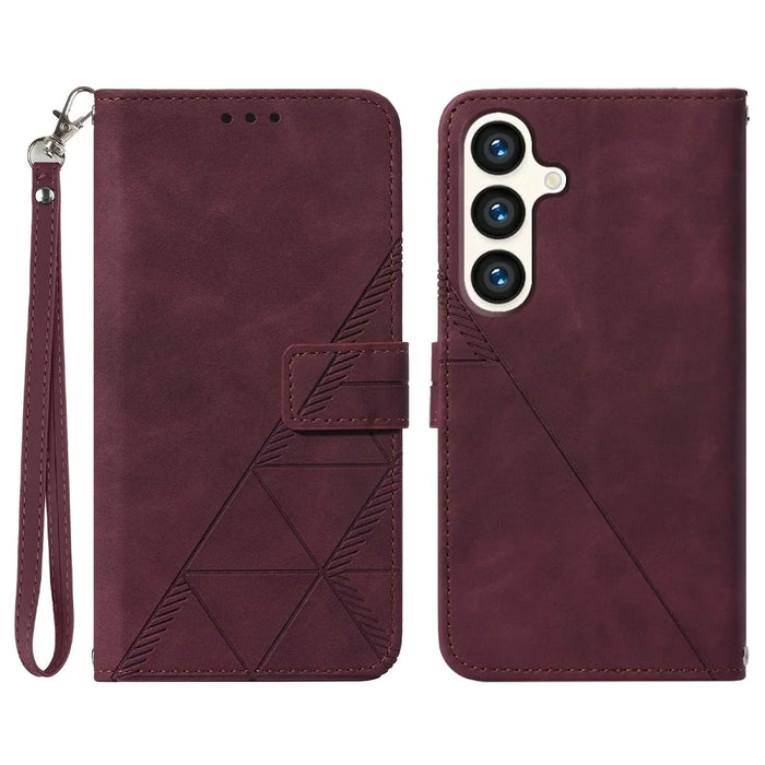 For Samsung Galaxy S24 Leather Case with Hand Strap Wallet Stand Phone Cover - Wine Red - 1