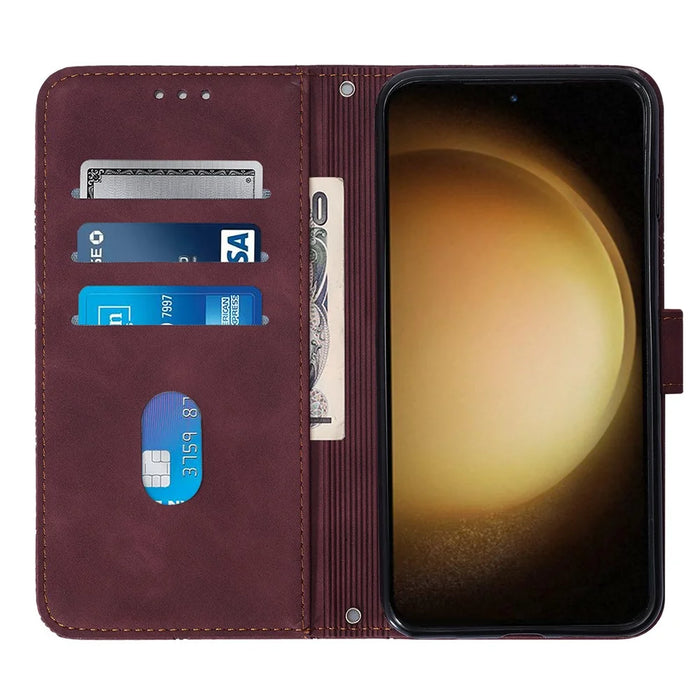 For Samsung Galaxy S24 Leather Case with Hand Strap Wallet Stand Phone Cover - Wine Red - 2