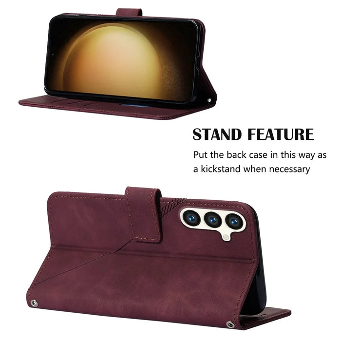 For Samsung Galaxy S24 Leather Case with Hand Strap Wallet Stand Phone Cover - Wine Red - 3