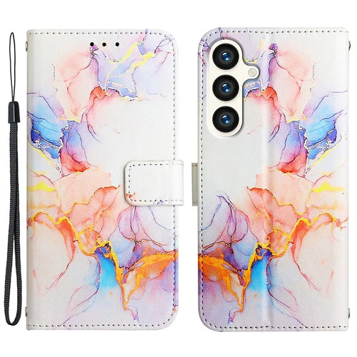 For Samsung Galaxy S24 Leather Case with Shoulder Strap Marble Pattern Phone Stand Cover - Milky Way Marble White LS004 - 1