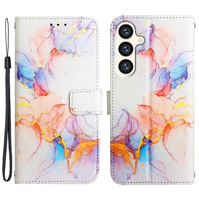 For Samsung Galaxy S24 Leather Case with Shoulder Strap Marble Pattern Phone Stand Cover - Milky Way Marble White LS004 - 1