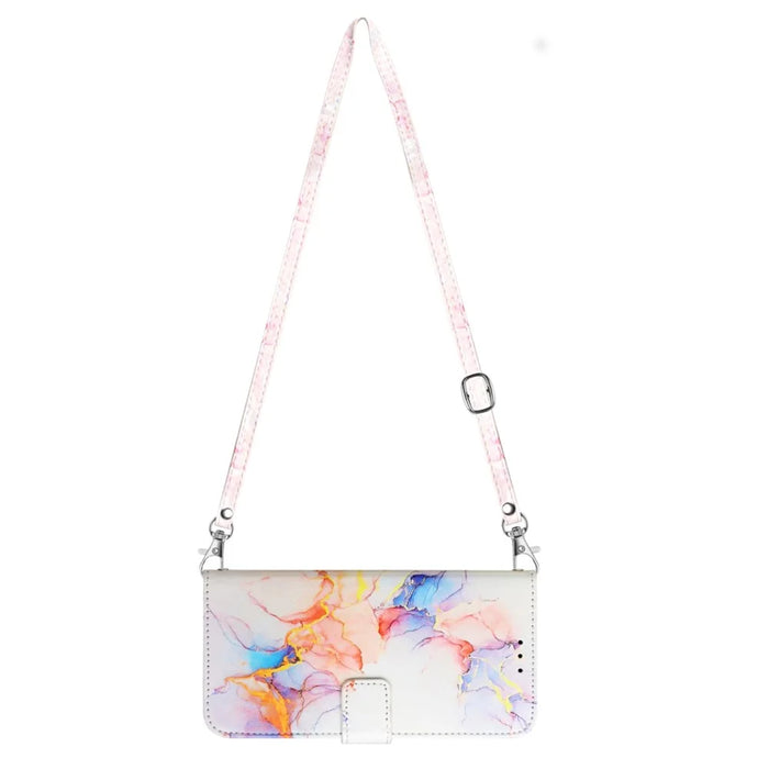 For Samsung Galaxy S24 Leather Case with Shoulder Strap Marble Pattern Phone Stand Cover - Milky Way Marble White LS004 - 5