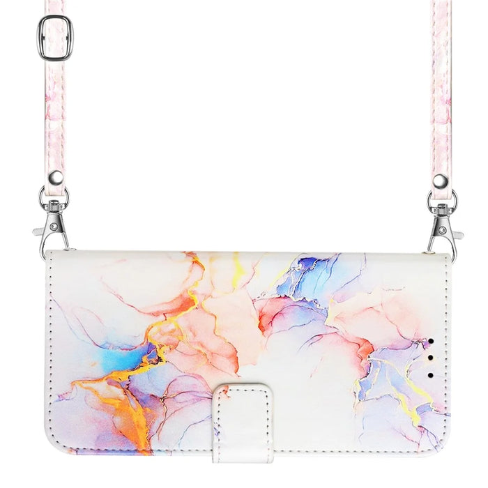 For Samsung Galaxy S24 Leather Case with Shoulder Strap Marble Pattern Phone Stand Cover - Milky Way Marble White LS004 - 6