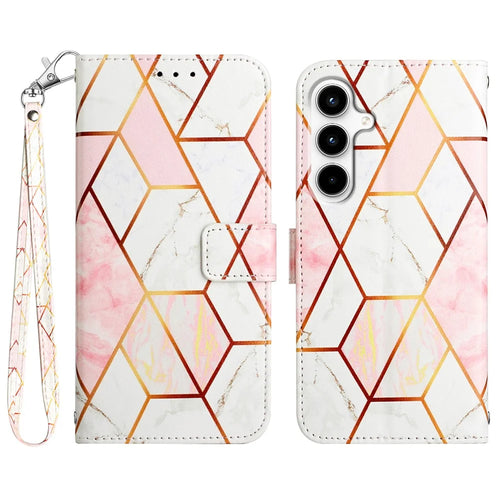 For Samsung Galaxy A35 5G Case with Strap Marble Pattern Leather Phone Cover Card Holder - Pink / White LS002 - 1