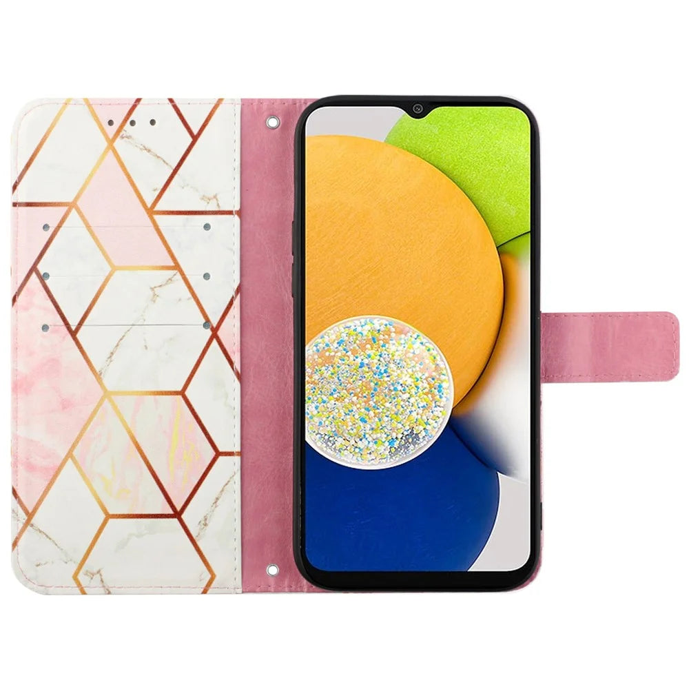 For Samsung Galaxy A35 5G Case with Strap Marble Pattern Leather Phone Cover Card Holder - Pink / White LS002 - 2