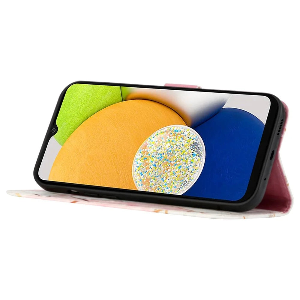 For Samsung Galaxy A35 5G Case with Strap Marble Pattern Leather Phone Cover Card Holder - Pink / White LS002 - 3