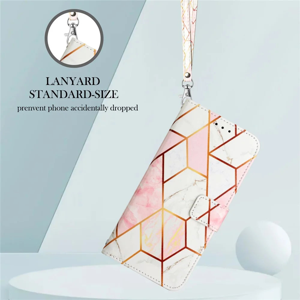 For Samsung Galaxy A35 5G Case with Strap Marble Pattern Leather Phone Cover Card Holder - Pink / White LS002 - 4