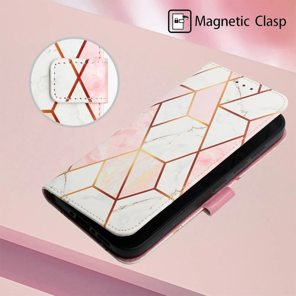 For Samsung Galaxy A35 5G Case with Strap Marble Pattern Leather Phone Cover Card Holder - Pink / White LS002 - 5