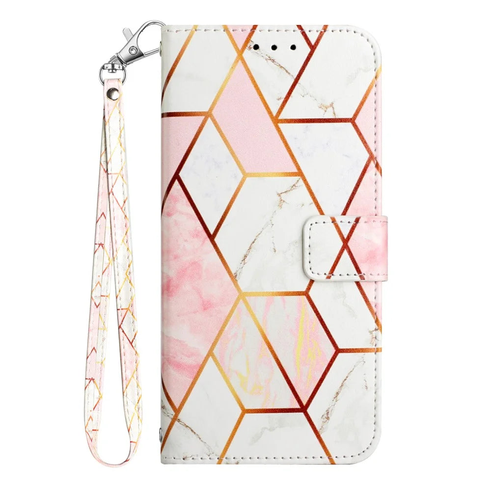For Samsung Galaxy A35 5G Case with Strap Marble Pattern Leather Phone Cover Card Holder - Pink / White LS002 - 6