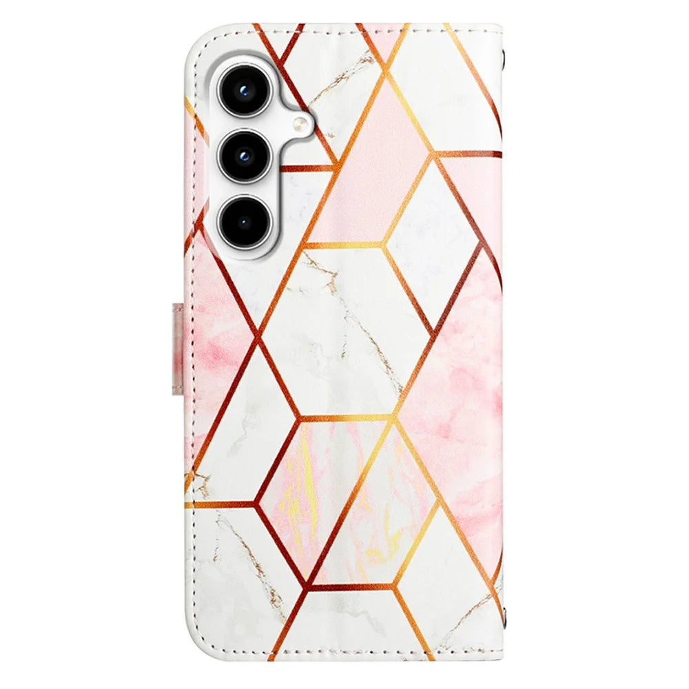 For Samsung Galaxy A35 5G Case with Strap Marble Pattern Leather Phone Cover Card Holder - Pink / White LS002 - 7