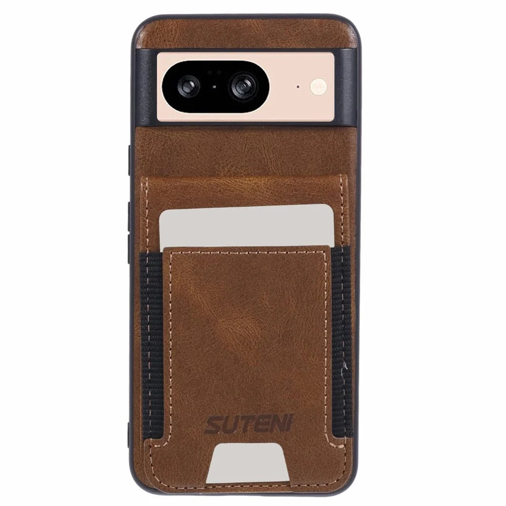 SUTENI H03 For Google Pixel 8 Case Waxy Texture Kickstand Phone Cover with Card Slots - Brown - 1