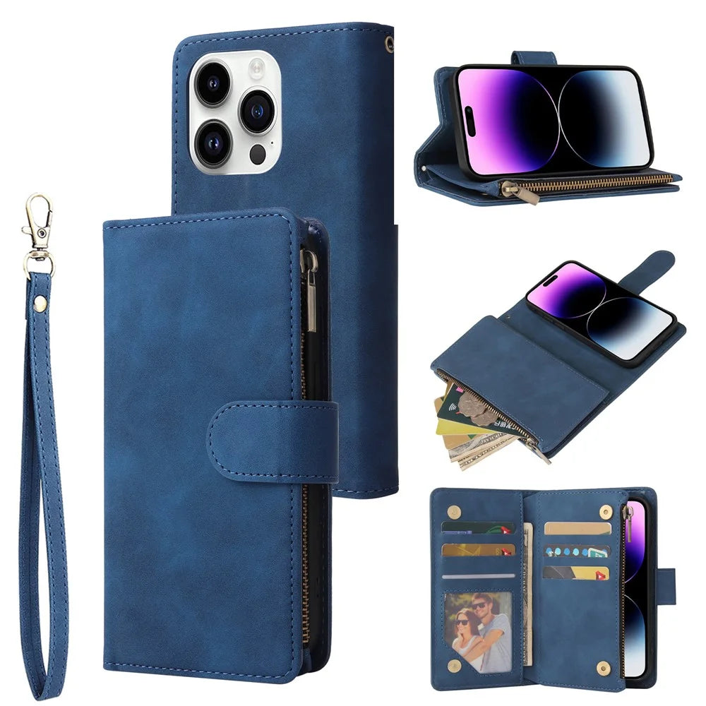 For iPhone 15 Pro Max Cell Phone Case Multiple Card Slots Drop-proof Cover with Zipper Wallet - Blue - 1