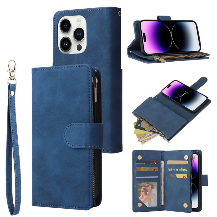 For iPhone 15 Pro Max Cell Phone Case Multiple Card Slots Drop-proof Cover with Zipper Wallet - Blue - 1