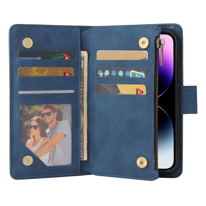 For iPhone 15 Pro Max Cell Phone Case Multiple Card Slots Drop-proof Cover with Zipper Wallet - Blue - 2
