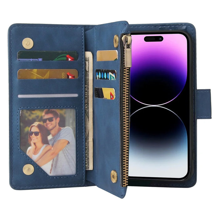 For iPhone 15 Pro Max Cell Phone Case Multiple Card Slots Drop-proof Cover with Zipper Wallet - Blue - 3