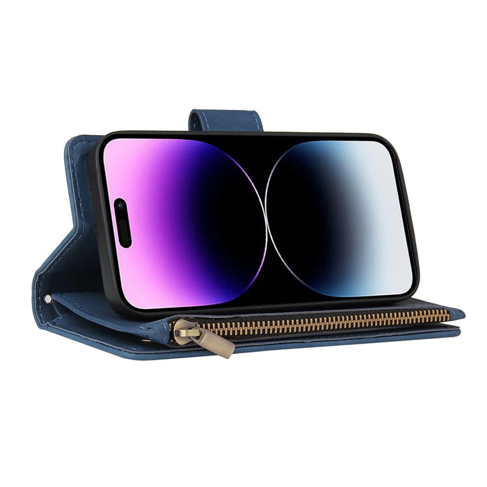 For iPhone 15 Pro Max Cell Phone Case Multiple Card Slots Drop-proof Cover with Zipper Wallet - Blue - 4