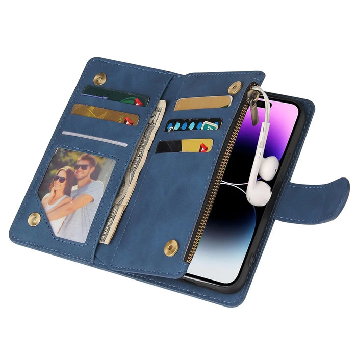 For iPhone 15 Pro Max Cell Phone Case Multiple Card Slots Drop-proof Cover with Zipper Wallet - Blue - 5