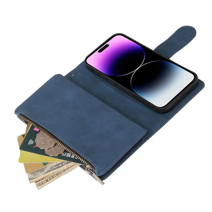 For iPhone 15 Pro Max Cell Phone Case Multiple Card Slots Drop-proof Cover with Zipper Wallet - Blue - 6