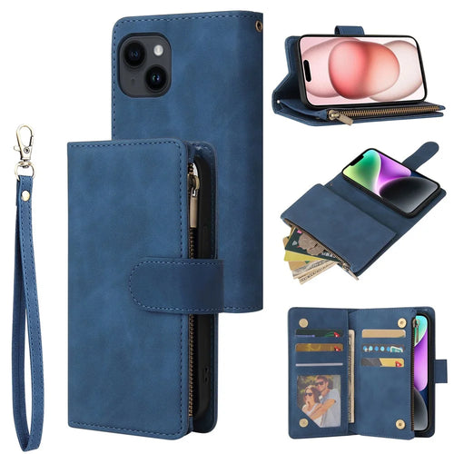 For iPhone 15 Plus Cell Phone Case Multiple Card Slots Zipper Wallet Leather Protection Cover - Blue - 1