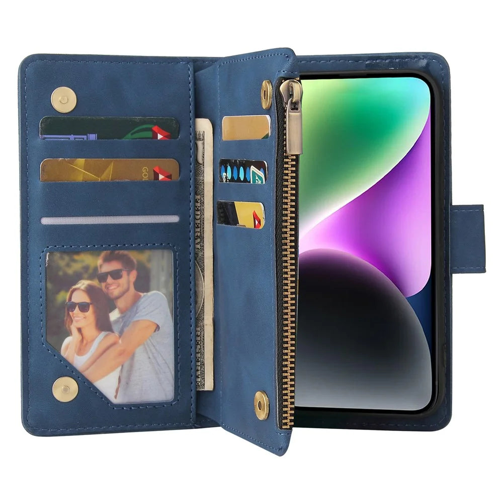 For iPhone 15 Plus Cell Phone Case Multiple Card Slots Zipper Wallet Leather Protection Cover - Blue - 3