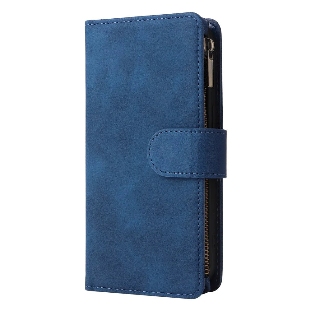 For iPhone 15 Plus Cell Phone Case Multiple Card Slots Zipper Wallet Leather Protection Cover - Blue - 7