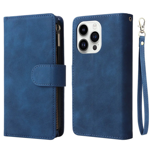 For iPhone 15 Pro Cell Phone Case Zipper Wallet PU Leather Stand Drop Resistant Cover - Blue - 1