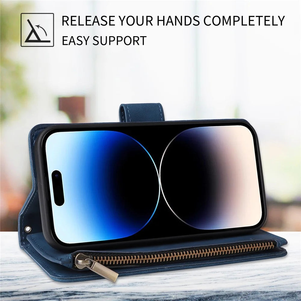 For iPhone 15 Pro Cell Phone Case Zipper Wallet PU Leather Stand Drop Resistant Cover - Blue - 2