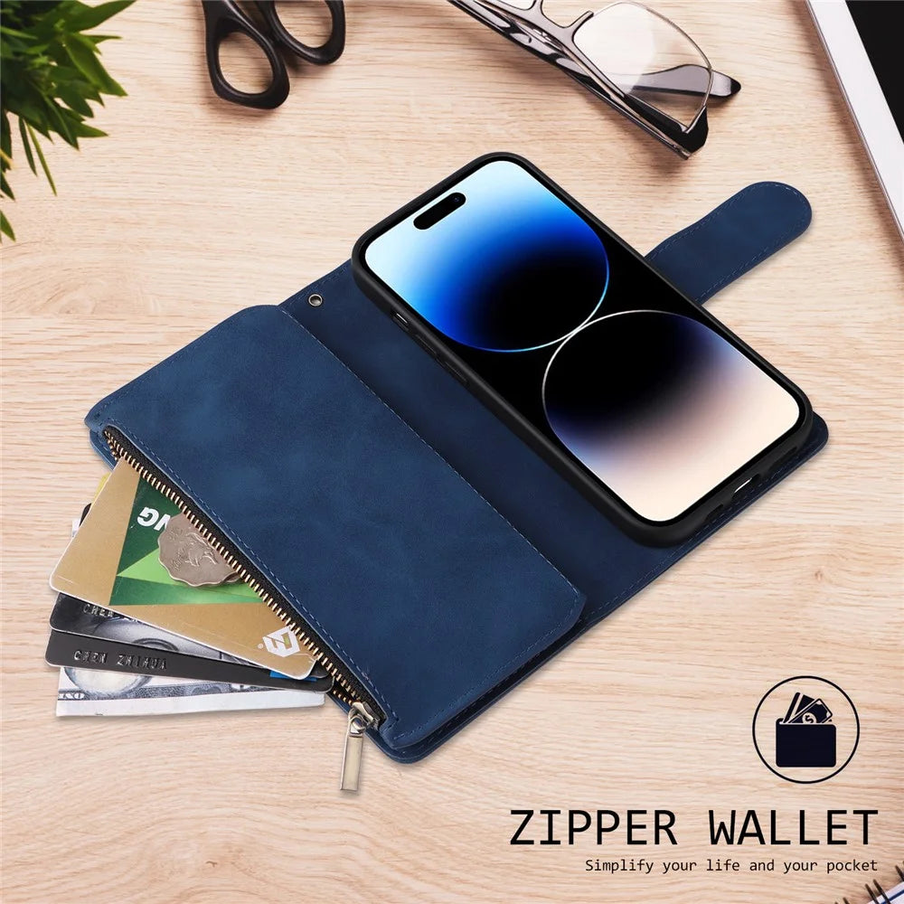 For iPhone 15 Pro Cell Phone Case Zipper Wallet PU Leather Stand Drop Resistant Cover - Blue - 5