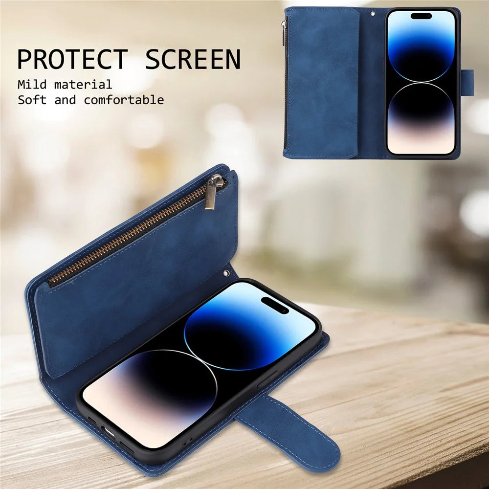 For iPhone 15 Pro Cell Phone Case Zipper Wallet PU Leather Stand Drop Resistant Cover - Blue - 6