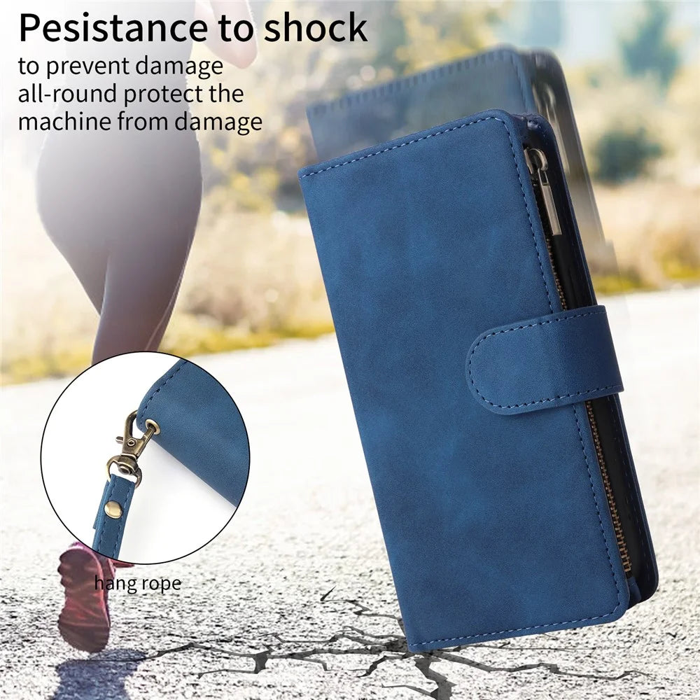 For iPhone 15 Pro Cell Phone Case Zipper Wallet PU Leather Stand Drop Resistant Cover - Blue - 7