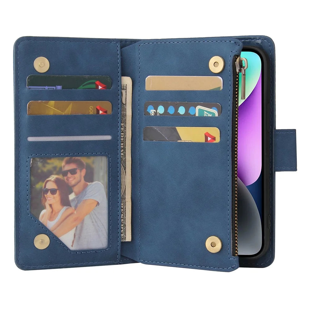 For iPhone 15 Case Multiple Card Slots Drop-proof PU Leather Phone Cover with Zipper Wallet - Blue - 2