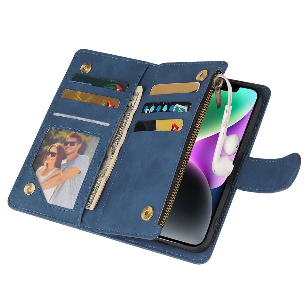 For iPhone 15 Case Multiple Card Slots Drop-proof PU Leather Phone Cover with Zipper Wallet - Blue - 5