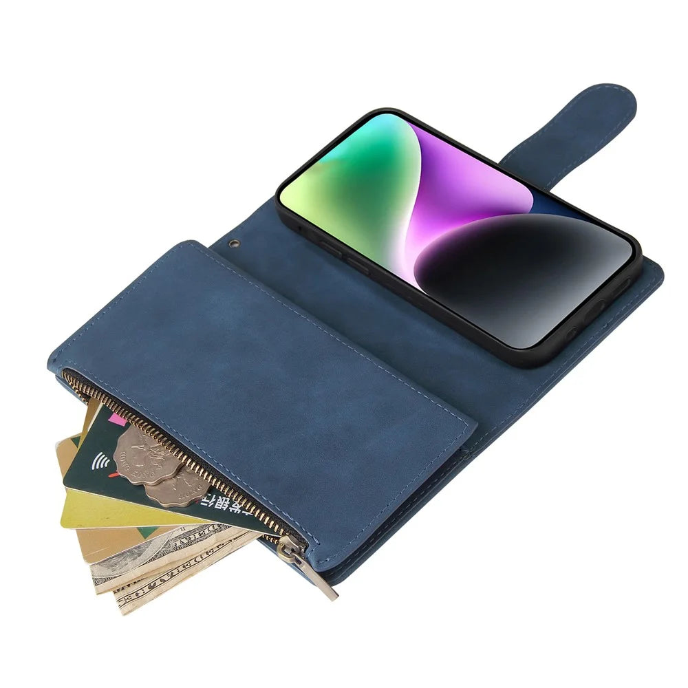 For iPhone 15 Case Multiple Card Slots Drop-proof PU Leather Phone Cover with Zipper Wallet - Blue - 6