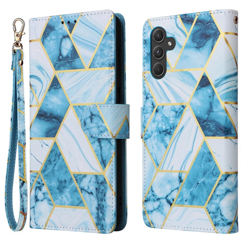 For Samsung Galaxy A55 5G Case Lacquered Leather Flip Wallet Cover Marble Pattern - Blue - 1