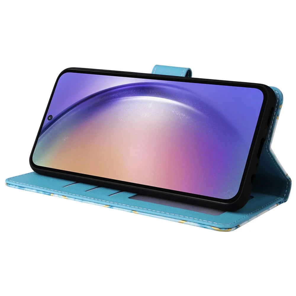 For Samsung Galaxy A55 5G Case Lacquered Leather Flip Wallet Cover Marble Pattern - Blue - 3