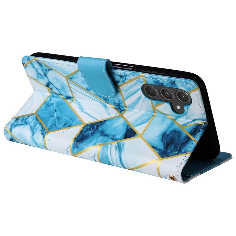For Samsung Galaxy A55 5G Case Lacquered Leather Flip Wallet Cover Marble Pattern - Blue - 4