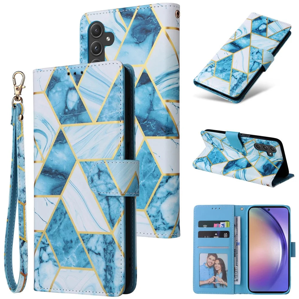 For Samsung Galaxy A55 5G Case Lacquered Leather Flip Wallet Cover Marble Pattern - Blue - 6