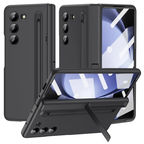 For Samsung Galaxy Z Fold5 5G Full Guard Case Hard PC Kickstand Phone Cover with Glass Film, Stylus - Black - 1