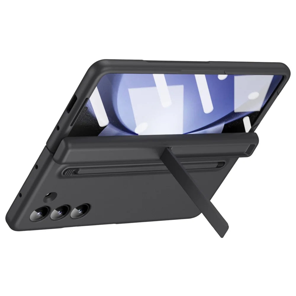 For Samsung Galaxy Z Fold5 5G Full Guard Case Hard PC Kickstand Phone Cover with Glass Film, Stylus - Black - 2