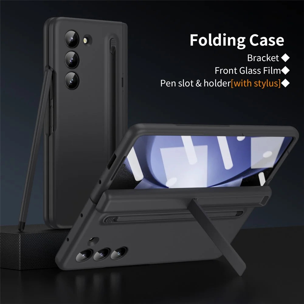 For Samsung Galaxy Z Fold5 5G Full Guard Case Hard PC Kickstand Phone Cover with Glass Film, Stylus - Black - 3