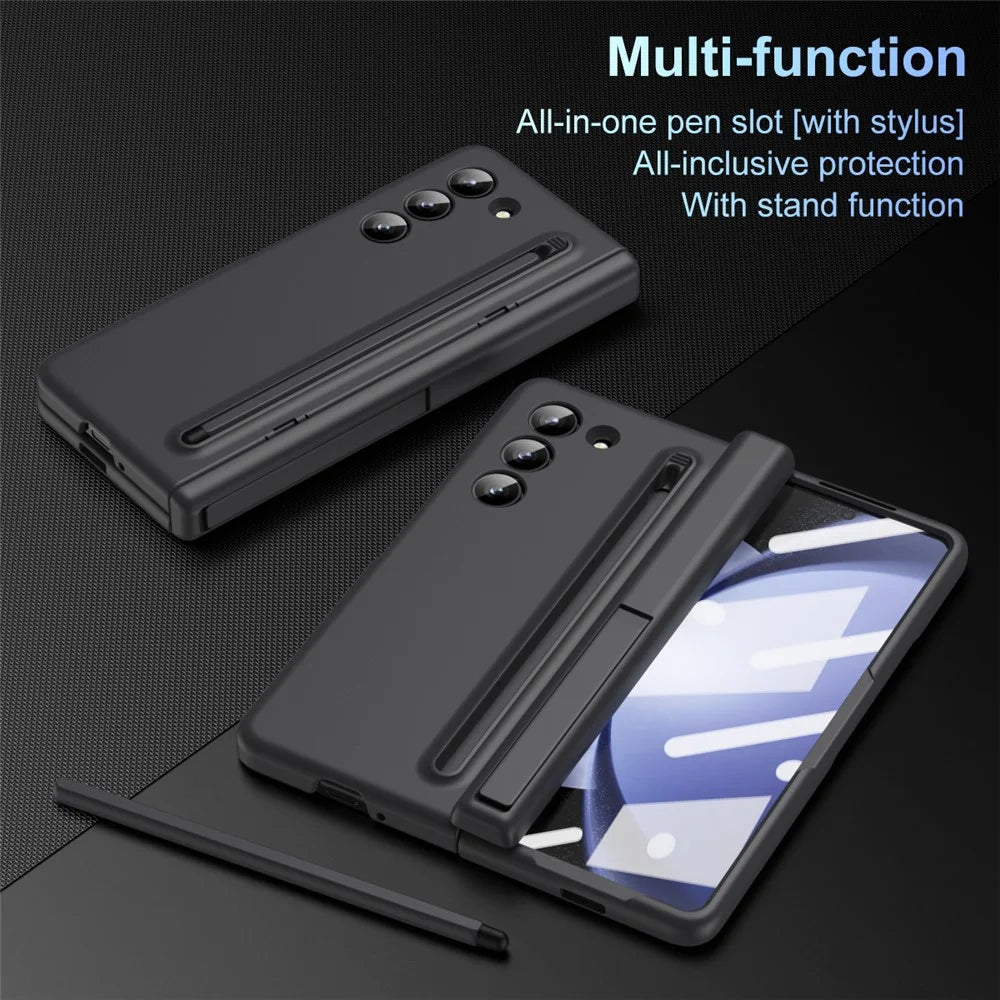 For Samsung Galaxy Z Fold5 5G Full Guard Case Hard PC Kickstand Phone Cover with Glass Film, Stylus - Black - 5